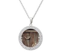 TKJMCSW Round Rustic Horseshoe Barn Wooden Diamond Necklace for Women Hypoallergenic Alloy Memorial Pendant Necklace with 20 Inch Adjustable Chain Dainty Jewelry Gifts for Mom Wife Girlfriend, One