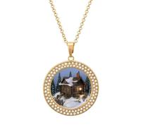 TKJMCSW Round Wooden Rustic Log Cottage Scenery Diamond Necklace for Women Hypoallergenic Alloy Memorial Pendant Necklace with 20 Inch Adjustable Chain Dainty Jewelry Gifts for Mom Wife Girlfriend