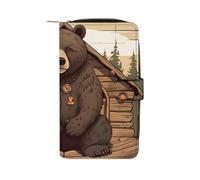 TKJMCSW Rustic Lodge Bear Leather Wallets for Women with 12 Card Slots Zip Credit Card Holder Long Clutch with Coin Purse Id Window Travel Cash Wallet