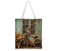 TKJMCSW Vintage Window with Bicycle Canvas Tote Bag for Women with Handles Reusable Grocery Cloth Bag Foldable Tote Purse Travel Casual Everyday Shoulder Bags Shopping Handbag for Teacher Nurse Gift