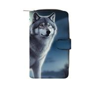 TKJMCSW Wolf Under Moon Leather Wallets for Women with 12 Card Slots Zip Credit Card Holder Long Clutch with Coin Purse Id Window Travel Cash Wallet