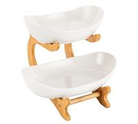 TkkMivcOC 2 Tier Fruit Basket, Bamboo Fruit Bowl, Large Capacity Kitchen Countertop Rack with Ceramic Bowls, Yuanbao Fruit Serving Tray for Fruit Cakes Snacks (White)