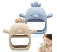 TKLake 2-Pack Teething Mittens for Babies 0-6 Months Silicone Baby Teething Toys, Infant Hand Teether for Boy Girl, Teething Relief Biting Toys, Newborn Shower Gifts(Beige & Blue)