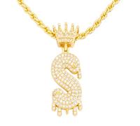 TKMIRA Gold Initial Letter Necklace for Women Men Iced Out Diamond Crown Letter A-Z Pendant Necklace with 24“ Rope Chain Hip Hop Jewelry, Brass,cubic zirconia, Cubic Zirconia