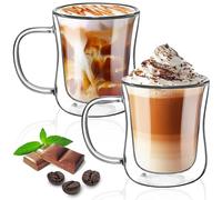 TKNO 2 Pack 350ml Double Walled Coffee Glasses Mugs Cappuccino Latte Macchiato Glasses Cups with Handle, Borosilicate Heat Resistant Glass Cups for Coffee Tea Milk Juice Ice Cream, Hot & Cold Drinks,
