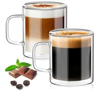 TKNO 2 Pack 400ml Double Walled Glass Mugs - Insulated Clear Tea & Coffee Cups, Large Borosilicate Glasses with Handles, Heat Resistant Latte, Herbal, or Iced Drink Mug