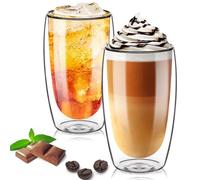 TKNO 2 Pack 450ml Double Walled Tall Coffee Glasses Mugs Cups, for Coffee Tea Milk Juice Ice Cream Dessert, Borosilicate Heat Resistant Large Glass Cups, Microwave Safe, Ideal for Hot and Cold Drinks