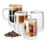 TKNO 4 Pack 350ml Double Walled Glass Coffee Mugs - Insulated Thermal Designer Tea Cups, Inward Curve Barista Style Glasses with Handles, Elegant Clear Borosilicate Mugs