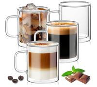 TKNO 4 Pack 400ml Double Walled Glass Mugs - Insulated Clear Tea & Coffee Cups, Large Borosilicate Glasses with Handles, Heat Resistant Latte, Herbal, or Iced Drink Mug