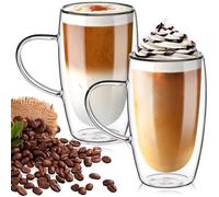 TKNO Set of 2 Pack 450ml Double Walled Tall Glasses Mugs Cups with Handle for Tea Latte Juice Ice Cream Borosilicate Heat Resistant Large Glass Cups, Microwave Safe, Ideal for Hot/Cold