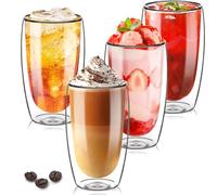TKNO Set of 4 450ml Double Walled Tall Coffee Glasses Mugs Cups, for Coffee Tea Milk Juice Ice Cream Dessert Borosilicate Heat Resistant Large Glass Cups, Microwave Safe, Ideal for Hot and Cold Drinks