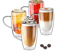 TKNO Set of 4 450ml Double Walled Tall Coffee Glasses Mugs Cups with Handle, for Coffee Tea Latte Juice Ice Cream Borosilicate Heat Resistant Large Glass Cups, Microwave Safe, Ideal Hot & Cold Drinks