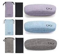Tkocisa 3-Piece Hard Shell Eyeglasses Case, Retro Portable Glasses Case with Linen Fabrics, Sunglasses Pouch and Cleaning Cloth for Women, Men, Kids, Blue, Gray, Purple, Large
