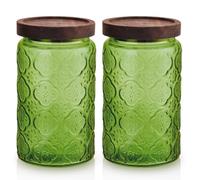 TkoYuHm 2 pack Decorative Mason Jars with Wooden Lids Colored Glass Kitchen Canister for Coffee Tea Cookie Airtight Vintage Food Storage Container with Embossed Floral Pattern (Green Crabapple, Large)