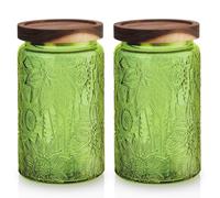 TkoYuHm 2 pack Decorative Mason Jars with Wooden Lids Colored Glass Kitchen Canister for Coffee Tea Cookie Airtight Vintage Food Storage Container with Embossed Floral Pattern (Green Floral, Large)