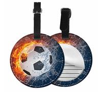 TKS MITLAN 1 Pcs Luggage Tag Soccer Privacy Cover ID Label Address Card for Travel Bag Suitcase Ball in Burning Fire and Water Lightening Sports Passion Football Leather Luggage Tag Travel(Round)