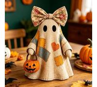 Tktouci Lighted Vintage Mosaic Ghost - LED Tabletop Figurine With Pumpkin Lantern | Rustic Farmhouse Halloween Decor For Mantel Shelf | Cute Spooky Centerpiece For Home Office Tiered Tray