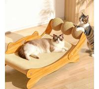 TKUJEYW Cat Scratcher Bed for Indoor Cats, 3-in-1 Wooden Cat Hammock Lounge with Durable Scratch Pad & 3 Sisal Balls, Sturdy No-Tip Base Cat Furniture Protects Sofas and Fits Modern Home Decor