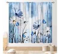 TKUYO Blue White Daisy Curtains, Farmhouse Modern Flower Retro Floral Spring Butterfly Rural Country Style Window Curtains for Living Room Bedroom Kitchen Bathroom 2 Panels, 42"x45" Inch