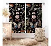 TKUYO Gothic Curtains, Boho Moth Butterfly Witchy Moon Phase Mushroom Wild Floral Botanical Aesthetic Fairy Mysterious Blackout Window Drapery for Bedroom Living Room Bathroom 2 Panels, 42"x45" Inch