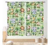 TKUYO Jungle Safari Animals Curtains, Cartoon Animals Lion Giraffe Elephant Woodland Tropical Leaf Green Window Drapery for Kids Boys Girls Baby Living Room Bedroom Nursery 2 Panels, 42"x54" Inch