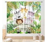 TKUYO Jungle Safari Animals Curtains, Cartoon Animals Lion Giraffe Elephant Woodland Tropical Leaf Green Window Drapery for Kids Boys Girls Baby Living Room Bedroom Nursery 2 Panels, 63"x63" Inch