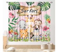 TKUYO Kids Safari Animals Curtains, Cartoon Giraffe Elephant Monkey Woodland Jungle Tropical Leaf Pink Window Curtains for Boys Girls Baby Living Room Bedroom Nursery Classroom 2 Panels, 84"x63" Inch