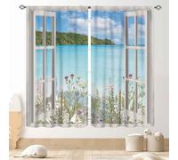 TKUYO Ocean Beach Curtains, Coastal Nautical Trpical Wildfloral Ocean Landscape Sea Scenery Summer Drapery Treatments for Bedroom Living Room Bathroom Windows 2 Panels, 42"x45" Inch