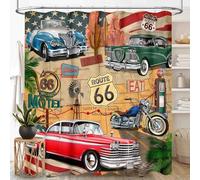 TKUYO Route 66 Road Shower Curtain for Bathroom, Rustic Boys Man Vintage Classic Car Motorcycle Biker Country Western Retro Man Cave Waterproof Fabric Shower Curtain Set with Hooks, 72"x72" Inch