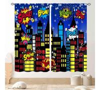 TKUYO Superhero City Curtains, Comic Night Starry Skyline Cityscape Buildings Comic Blackout Window Curtains for Boys Kids Baby Room Bedroom Living Nursery 2 Panel Sets, 84"x84" Inch