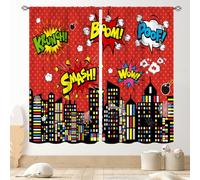 TKUYO Superhero City Curtains for Boys Kids Teens, Red Spider Web Cityscape Buildings Cartoon Comic Blackout Window Curtains for Baby Room Bedroom Living Nursery 2 Panel Sets, 52"x84" Inch