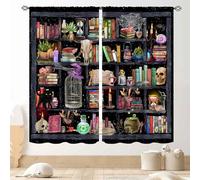 TKUYO Witchy Curtains, Fantasy Magical Vintage Bookshelf Mysterious Bookcase Gothic Skull Spooky Gothe Blackout Window Drapery Treatments for Bedroom Living Room Bathroom, 84"x63" Inch