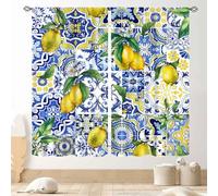 TKUYO Yellow Lemon Kitchen Curtains, Vintage Retro Summer Fruit Blue White Floral Pattern Printed Blackout Window Drapes Treatments for Living Room Bedroom Bathroom Cafe 2 Panels, 42"x54" Inch