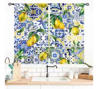 TKUYO Yellow Lemon Kitchen Curtains, Vintage Retro Summer Fruit Blue White Floral Pattern Printed Small Short Window Drapes Treatments for Living Room Bedroom Bathroom Cafe 2 Panels, 55x39 Inch