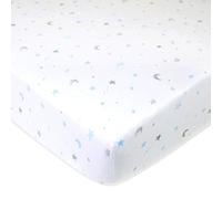 TL Care Fitted Crib Sheet 28" x 52", Soft Breathable Neutral 100% Cotton Jersey Sheet, Blue Stars and Moon, for Boys and Girls, Fits Crib and Toddler Bed mattresses