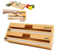 TLBB Aluminum Foil Dispenser, Bamboo Wood Packaging Dispenser 2 in 1 with Cutter, Reusable Storage Organizer Box for Kitchen Storage