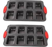 Tlczrva 2 Packs 8 Cavity Non-Stock Mini Loaf Pan with Silicone Handle, Mini Bread Loaf Baking Pan Mini Brownie Pan Cheesecake Mould Rectangular Bar