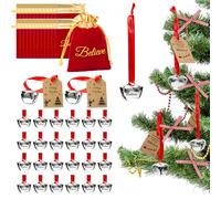Tldcdte 24 Sets Christmas Believe Bells Polar Express Bells Silver Iron Hanging Ornaments with Red Gold Trimmed Velvet Bags, Tags, Gifts for Kids & Adults