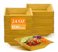 Tlence 100 Pack Square Plastic Serving Bowls, 24oz Disposable Snack Salad Bowl, Gold Party Bowl Containers for Fruit Appetizers Ice Cream, Perfect for Wedding Birthday Home Gathering Outdoor