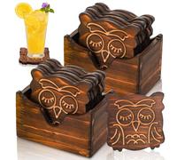 Tlence 12 Pack Wood Coasters for Drinks, Non-Slip Wooden Crafted Owls Coasters with Holders, 3.5" Cute Cup Mat for Coffee Table Protection, Owl Collection Housewarming Gift for Owl Lover Home Decor