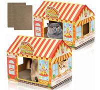 Tlence 2 Pack Cardboard Cat Houses, 16.5''x12.25''x15'' Cat Play Home with Scratcher Pad, Kitty Pizza Shop Bed for Indoor, Large Animal Hideaway Playhouse Furniture, Hideout Condo Cave Tent for Bunny
