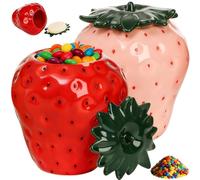 Tlence 2 Pack Ceramic Strawberry Jars, Strawberry Shaped Canisters With Lids, Unique Multifunction Tea Storage Tin, Farmhouse Food Container for Sugar Biscuit, Strawberry Decor for Home, Red Pink