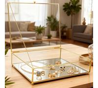 Tlence Vintage Glass Box with Lid, Brass Jewelry Display Case, Gold Keepsake Organizer with Mirrored Bottom, Clear Rectangle Storage Box for Rings Bracelet Trinket Perfume Cards Gift, 10.3x8.5x2.6