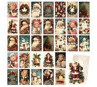 Tlenpo 32 Vintage Christmas Postcards, Santa Claus Snowman Reindeer Pattern, Blank Christmas Greeting Cards Decorations, Retro Post Cards for Holiday Party Favors, 350gsm, 4 x 6 Inch