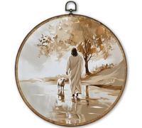 TLESKE Christian Jesus and the Lost Lamb Round Canvas Print Wall Art Decor, 10x10, Vintage Religious Wall Hanging for Bedroom, Living Room, Hallway