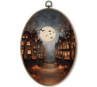 TLESKE Gothic Halloween Fall Street Pumpkin Oval Wall Art Decor Framed 9x12 | Spooky Autumn Canvas Wall Art Prints Artwork for Home Bedroom Living Room, Dark Academia Hanging Wall Picture Room Door Decor