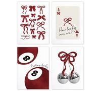 TLESKE Red Coquette Bow Preppy Posters Prints Unframed 12x16 Set of 4, Trendy Aesthetic Lucky 8 Balls Wall Art Prints Decor for Teen Girls Dorm Bedroom, Retro Playing Card Disco Ball Wall Pictures