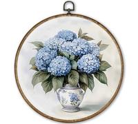 TLESKE Vintage Blue Hydrangea Flowers Round Wall Art Decor, Chinoiserie Floral Framed Canvas Prints Artwork, Blue and White Grand Millenial Wall Hanging Door Decor for Bedroom Living Room, 10x10in