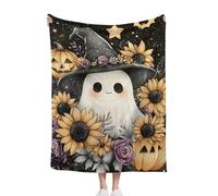 TlevadArt Flannel Blankets Cute Ghosts In A Sparkly Witch Hat Decorated With Flowers, Fuzzy Fleece Halloween Throw Blanket, For Couch Sofa Bed Lounging, 75x100cm