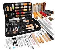 TLKKUE Leather Working Tool Kit, Leather Crafting Tools and Supplies for Beginners Leather Sewing Upholstery Repair Kit with Waxed Thread Awl Needle Punch Tracing Wheel Groover Leather Tool Kit